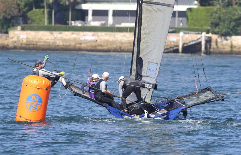 Queen Karly and the Yandoo team at the bottom mark on lap two during the 18ft Skiff Queen of the Harbour photo copyright Frank Quealey taken at Australian 18 Footers League and featuring the 18ft Skiff class