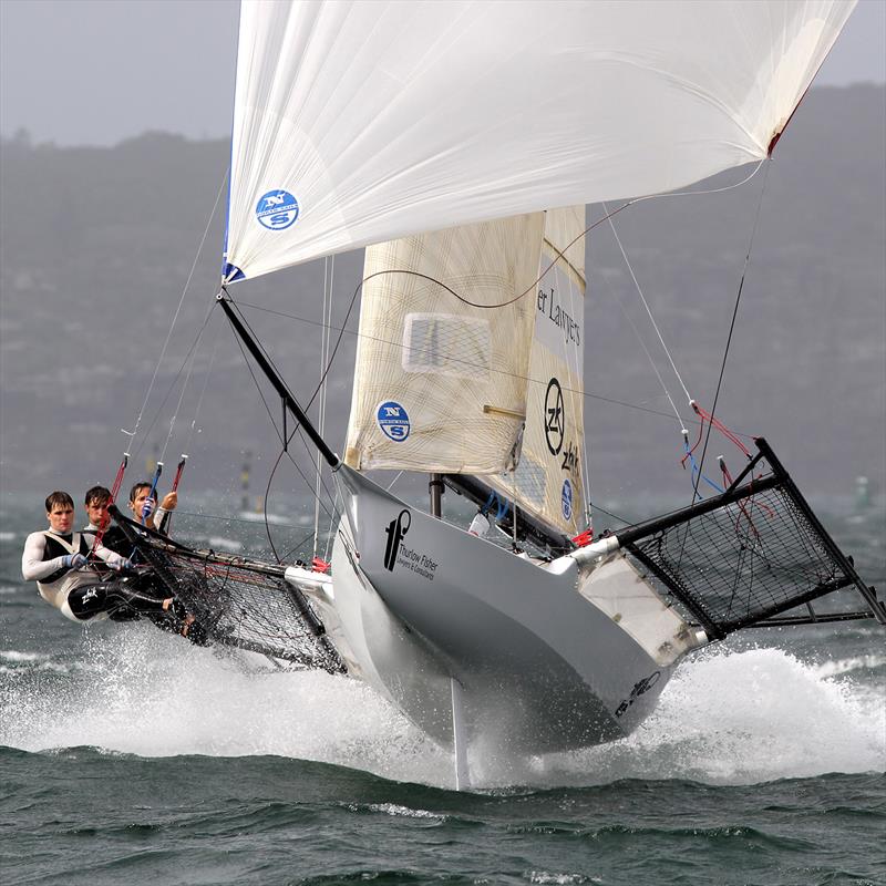 Trent Barnabas on Thurlow Fisher Lawyers in the 2013 JJs photo copyright Frank Quealey taken at Australian 18 Footers League and featuring the 18ft Skiff class