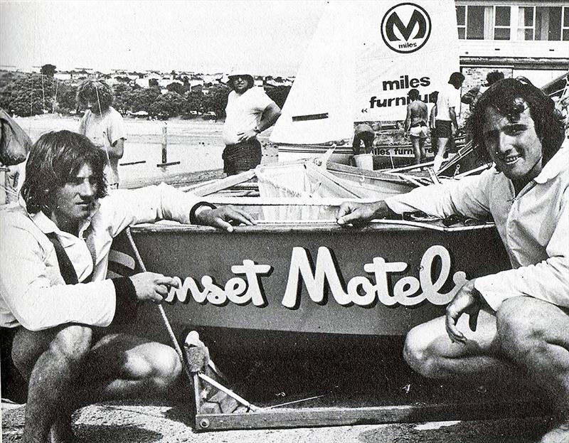 Iain Murray (left) with Shane Corbett and their Inter-Dominion 12ft skiff champion, Sunset Motels photo copyright Archive taken at Australian 18 Footers League and featuring the 18ft Skiff class