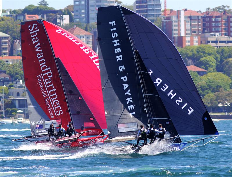 Shaw and Partners and Fisher and Paykel spinnaker action in a north east breeze photo copyright Frank Quealey taken at Australian 18 Footers League and featuring the 18ft Skiff class