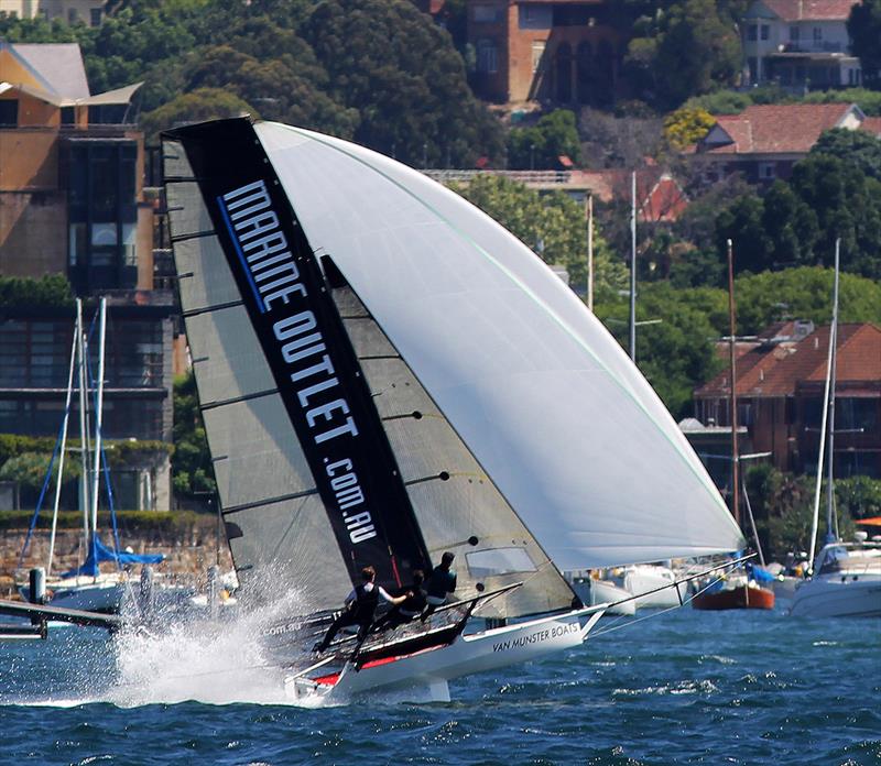 Marine Outlet races across Double Bay photo copyright Frank Quealey taken at Australian 18 Footers League and featuring the 18ft Skiff class