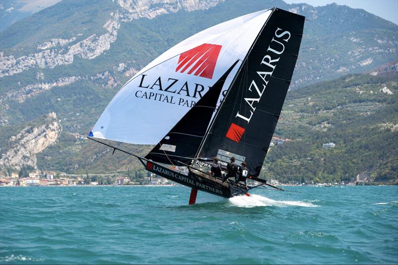 Lazarus on the way to winning the Mark Foy Trophy at Lake Garda, Italy photo copyright M A-J taken at Australian 18 Footers League and featuring the 18ft Skiff class