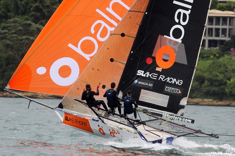 The team's (Balmain ) first season spinnaker action photo copyright Frank Quealey taken at Australian 18 Footers League and featuring the 18ft Skiff class