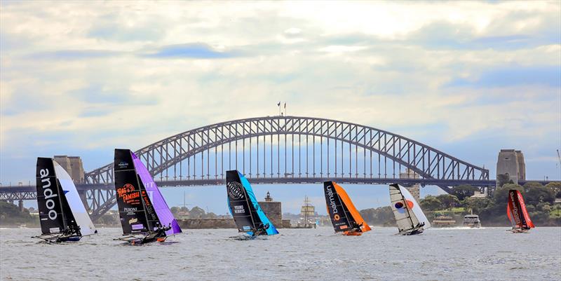 The fleet and the bridge  photo copyright Michael Chittenden taken at Australian 18 Footers League and featuring the 18ft Skiff class