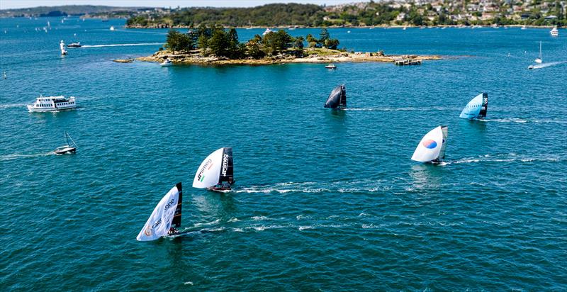 Spinnakers down the second run during Race 2 of the Spring Championship photo copyright SailMedia taken at Australian 18 Footers League and featuring the 18ft Skiff class