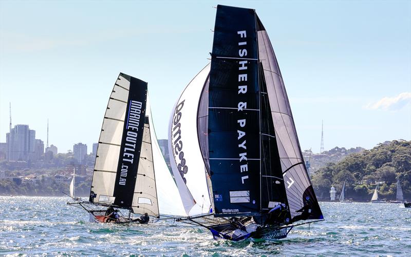Fisher and Paykel made a strong challenge on the second lap of the course during Race 2 of the Spring Championship photo copyright SailMedia taken at Australian 18 Footers League and featuring the 18ft Skiff class