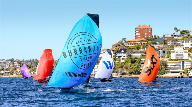 Burrawang-Young Henrys leads a group on the first lap of the course during Race 2 of the Spring Championship photo copyright SailMedia taken at Australian 18 Footers League and featuring the 18ft Skiff class
