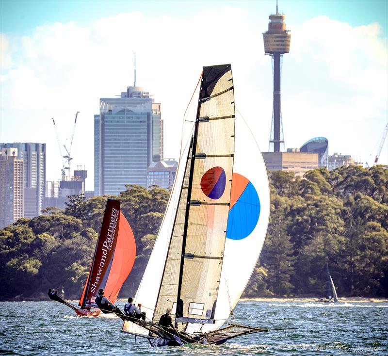 A first race rookie (Emma) leads a 39-year veteran (John Winning) in Race 1 of the Spring Championship photo copyright SailMedia taken at Australian 18 Footers League and featuring the 18ft Skiff class