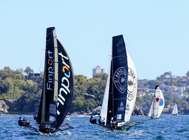Finport and The Oak chase leader Yandoo down the first spinnaker run in last Sunday's Race 3 - Spring Championship photo copyright SailMedia taken at Australian 18 Footers League and featuring the 18ft Skiff class