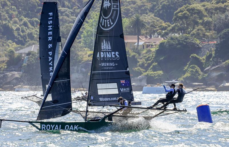 Blue mark rounding for The Oak Double Bay-4 Pines team - Spring Championship 2023 photo copyright SailMedia taken at Australian 18 Footers League and featuring the 18ft Skiff class