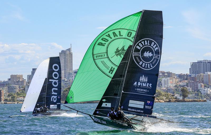 The young Oaks Double Bay-4 Pines team put the pressure on the champion Andoo team - Spring Championship 2023 photo copyright SailMedia taken at Australian 18 Footers League and featuring the 18ft Skiff class