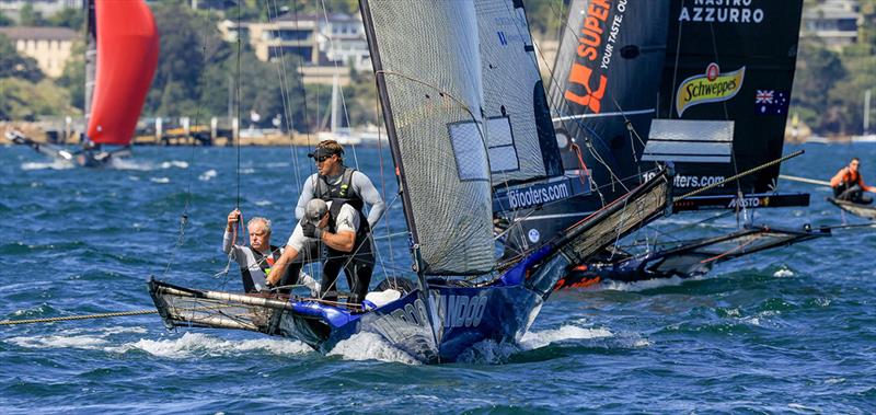 Yandoo team leads a group approaching the bottom mark - Spring Championship 2023 photo copyright SailMedia taken at Australian 18 Footers League and featuring the 18ft Skiff class