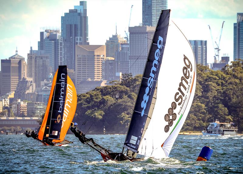 Smeg chasing Balmain to the bottom mark - 2023-24 Spring Championship photo copyright SailMedia taken at Australian 18 Footers League and featuring the 18ft Skiff class