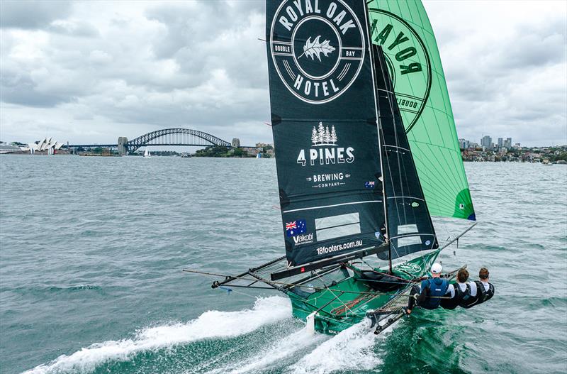Series leader The Oak Double Bay-4 Pines finished fifth in race 5 of the 18ft Skiff Spring Championship 2023 photo copyright SailMedia taken at Australian 18 Footers League and featuring the 18ft Skiff class