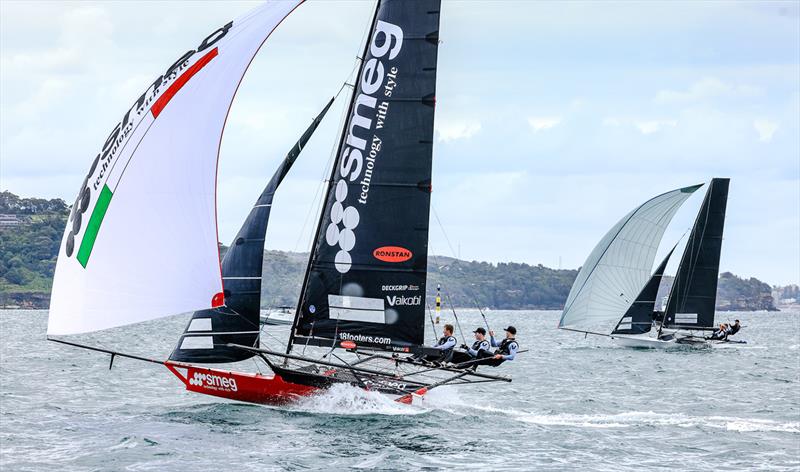 Smeg and Put Your Name Here race towards the finish line after another excellent race in race 5 of the 18ft Skiff Spring Championship 2023 photo copyright SailMedia taken at Australian 18 Footers League and featuring the 18ft Skiff class