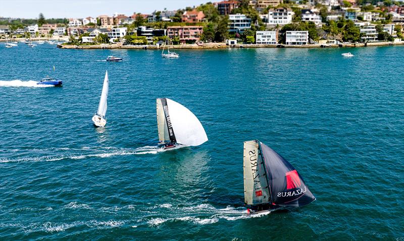 Another Academy graduate, Tom Cunich headed for victory, as skipper of Lazarus, in Race 2 of the Spring Championship photo copyright SailMedia taken at Australian 18 Footers League and featuring the 18ft Skiff class