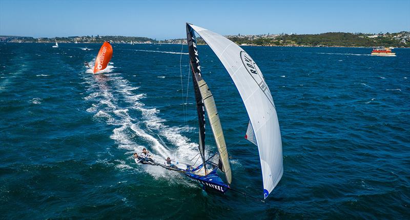 Fisher and Paykel leads Balmain to the bottom mark - 18ft Skiff 2023-24 Spring Championship - photo © SailMedia