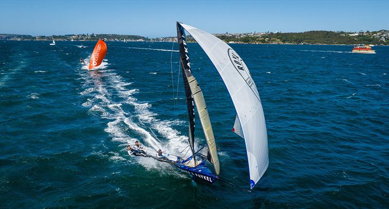 Fisher and Paykel leads Balmain to the bottom mark - 18ft Skiff 2023-24 Spring Championship photo copyright SailMedia taken at Australian 18 Footers League and featuring the 18ft Skiff class