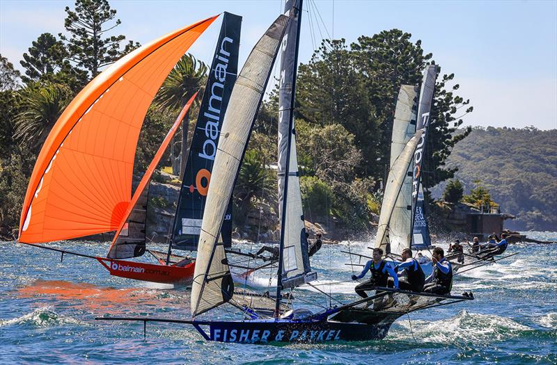 Action at the wing mark on lap one - 18ft Skiff 2023-24 Spring Championship photo copyright SailMedia taken at Australian 18 Footers League and featuring the 18ft Skiff class