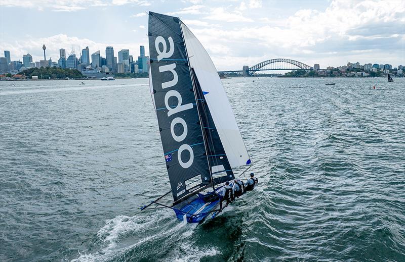 Defending champion Andoo has nobody ahead of her after the first day's racing in the NSW 18ft Skiff Championship photo copyright SailMedia taken at Australian 18 Footers League and featuring the 18ft Skiff class