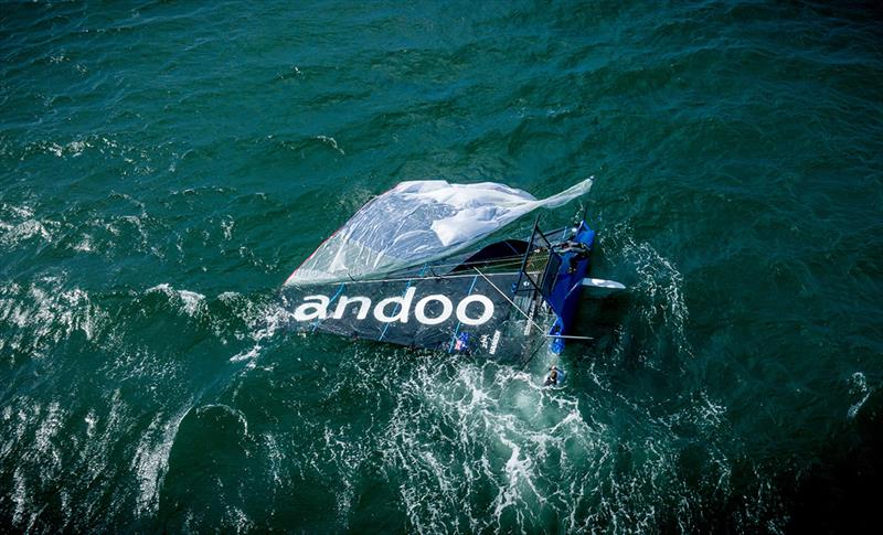 Capsize for Andoo while leading late in Race 4 - 2023-24 NSW 18ft skiff Championship - photo © SailMedia