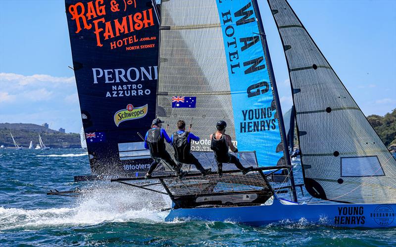 Burrawang-Young Henrys and Rag and Famish Hotel battle it out in Race 4 - 2023-24 NSW 18ft skiff Championship photo copyright SailMedia taken at Australian 18 Footers League and featuring the 18ft Skiff class