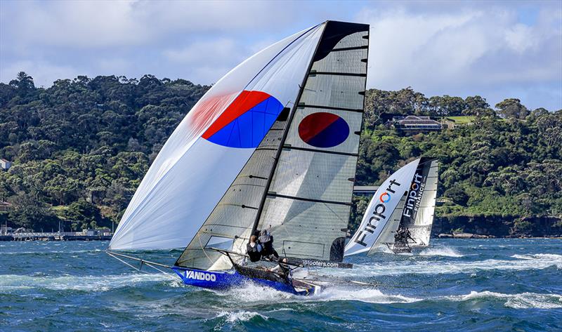 The finishing line is jst metres away as Finport Finance and Yandoo lead the fleet home - 2023-24 NSW 18ft skiff Championship - photo © SailMedia