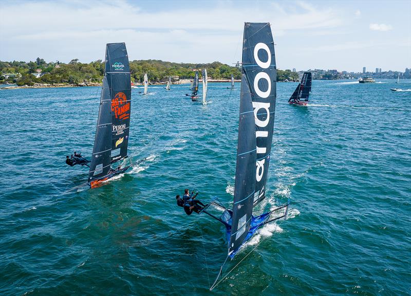 Battle for the lead in Race 7 - 2023-24 NSW 18ft Skiff Championship photo copyright SailMedia taken at Australian 18 Footers League and featuring the 18ft Skiff class