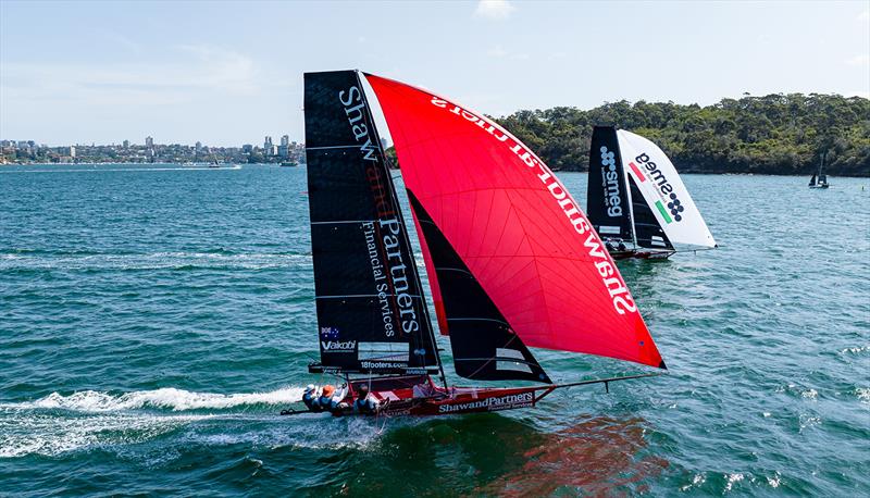 Close downwind racing on the Easterly course - 2023-24 NSW 18ft Skiff Championship photo copyright SailMedia taken at Australian 18 Footers League and featuring the 18ft Skiff class