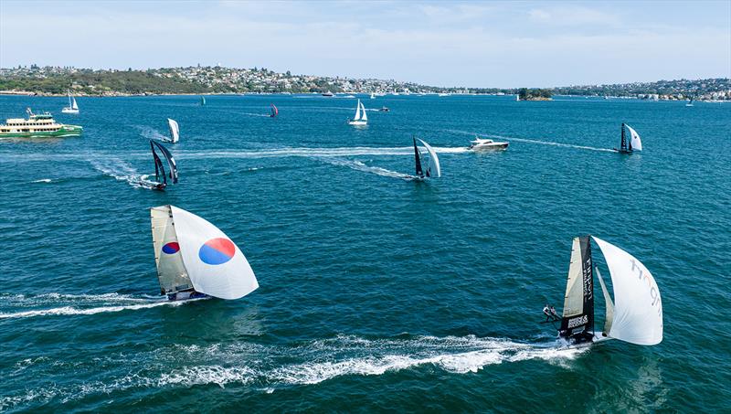 The fleet approach the bottom mark from all angles - 2023-24 NSW 18ft Skiff Championship photo copyright SailMedia taken at Australian 18 Footers League and featuring the 18ft Skiff class