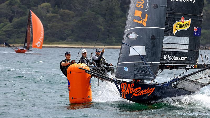 Rag and Famish Hotel approaches the round mark - 18ft Skiff Australian Championship photo copyright SailMedia taken at Australian 18 Footers League and featuring the 18ft Skiff class