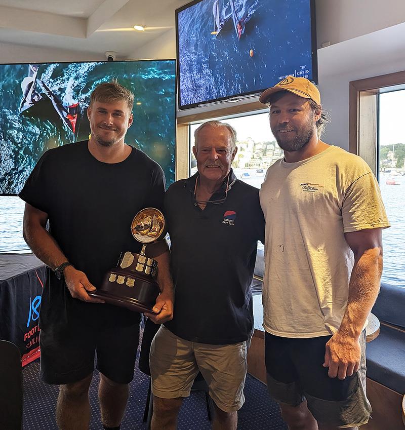 Woody, Lewis Brake (with NSW trophy) and Fang Warren in the League ckubhouse after winning the NSW Championship photo copyright Jess Nearn taken at Australian 18 Footers League and featuring the 18ft Skiff class
