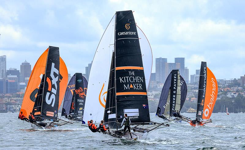 Race 1 spinnakers to the bottom mark - 18ft Skiff Australian Championship photo copyright SailMedia taken at Australian 18 Footers League and featuring the 18ft Skiff class