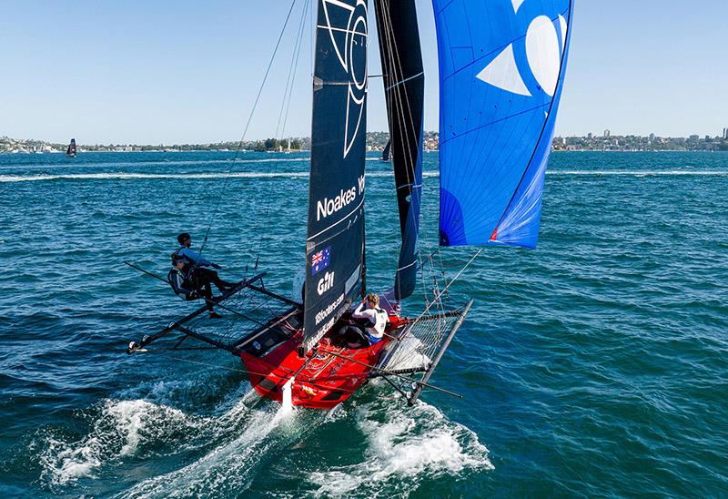 Noakes in four-handed action earlier in the season photo copyright SailMedia taken at Australian 18 Footers League and featuring the 18ft Skiff class