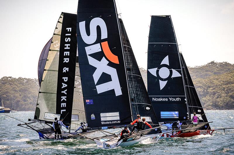 Noakes leads Fisher and Paykel and Sixt during the recent NSW Championship photo copyright SailMedia taken at Australian 18 Footers League and featuring the 18ft Skiff class