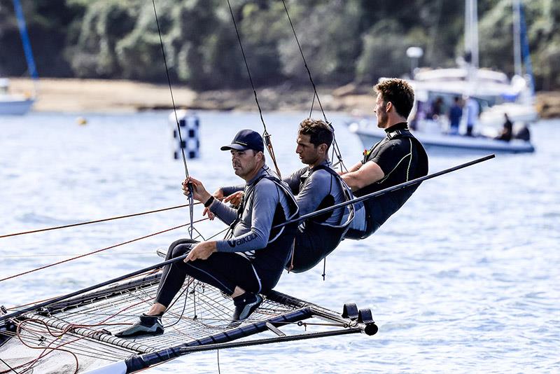 Finport Finance's winning crew cruise to the finish line - 18ft Skiff Australian Championship photo copyright SailMedia taken at Australian 18 Footers League and featuring the 18ft Skiff class