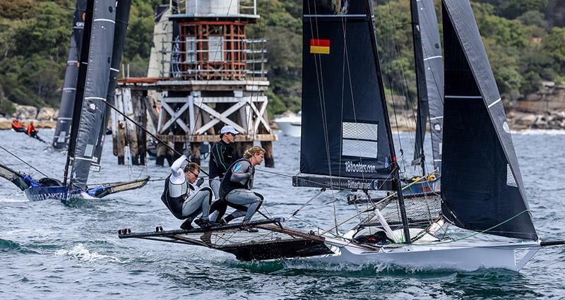 Germany's Black Knight team prepare to set the spinnaker after rounding the weather mark - 18ft Skiff Australian Championship - photo © SailMedia