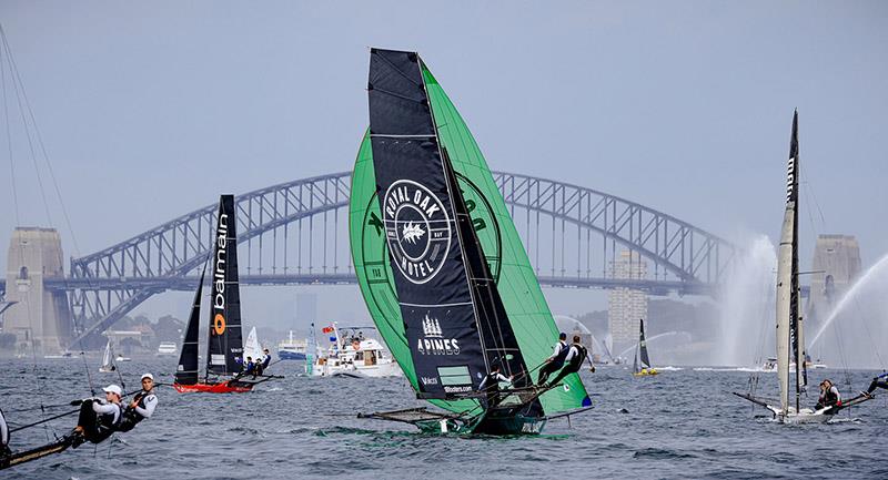 The Oak Double Bay-4 Pines leads down the first spinnaker run - 18ft Skiff Australian Championship - photo © SailMedia