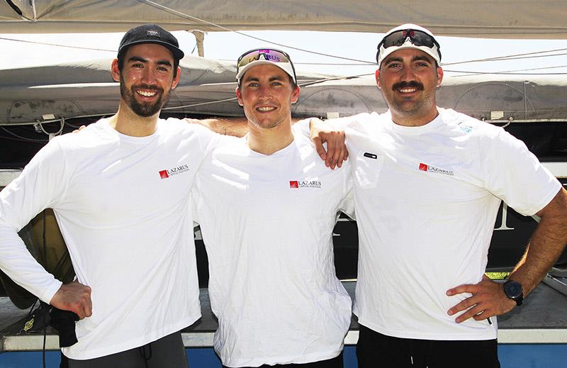 Lazarus team, from left Tim Morishima, Tom Cunich, Marc Chapon photo copyright Frank Quealey taken at Australian 18 Footers League and featuring the 18ft Skiff class