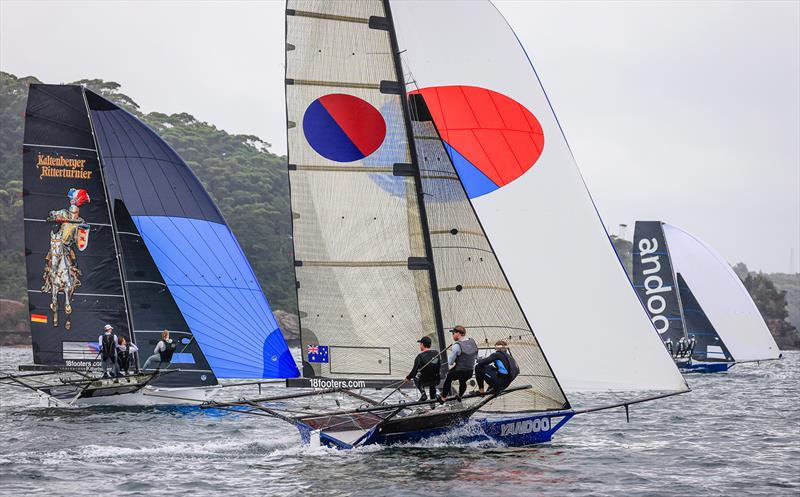 18ft Skiff 2024 JJ Giltinan Championship Race 1: The first spinnaker run photo copyright SailMedia taken at Australian 18 Footers League and featuring the 18ft Skiff class