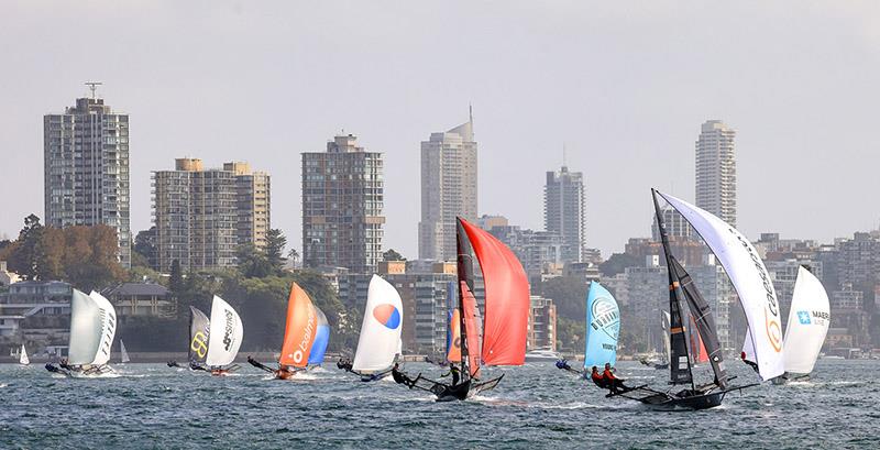 The bulk of the fleet chase the leading group on the first run to Obelisk - 18ft Skiff Winnings 2024 JJ Giltinan Championship - photo © SailMedia