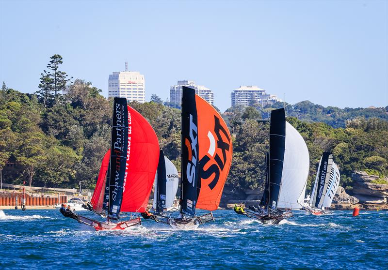 Fleet spinnaker run during the final race of the 18ft Skiff Winnings 2024 JJ Giltinan Championship - photo © SailMedia