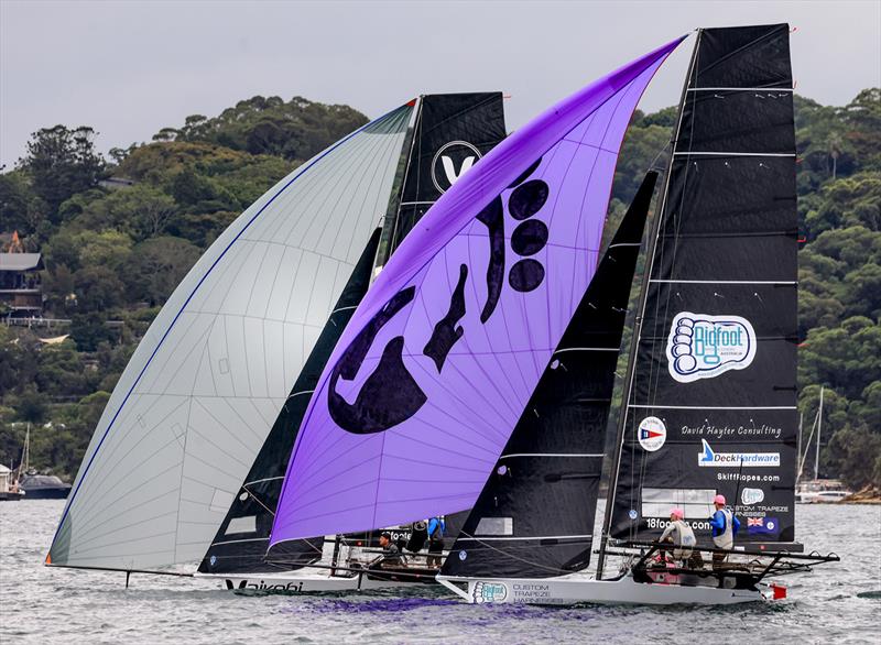 Big Foot and Vaikobi on a spinnaker run during the 18ft Skiff Queen of the Harbour 2024 photo copyright SailMedia taken at Australian 18 Footers League and featuring the 18ft Skiff class