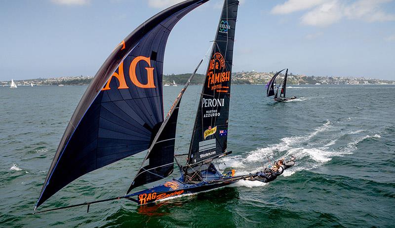 Rag and Famish Hotel heading for a 3m21s victory in Race 7 of the Winnings JJ Giltinan Championship photo copyright SailMedia taken at Australian 18 Footers League and featuring the 18ft Skiff class