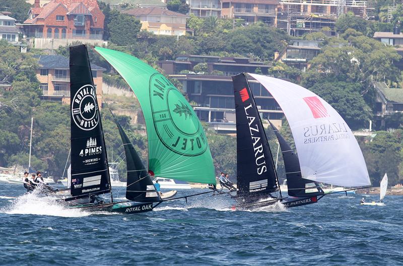 Lazarus and The Oak Double Bay-4 Pines racing to the wing mark at Rose Bay during the Spring Championship photo copyright Frank Quealey taken at Australian 18 Footers League and featuring the 18ft Skiff class
