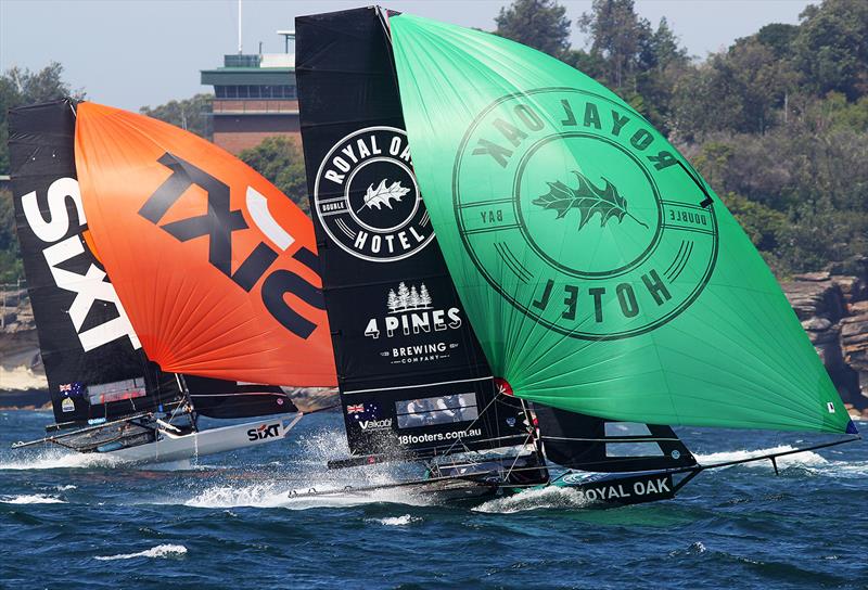 Sixt and The Oak at speed on a north-east spinnaker run photo copyright Frank Quealey taken at Australian 18 Footers League and featuring the 18ft Skiff class