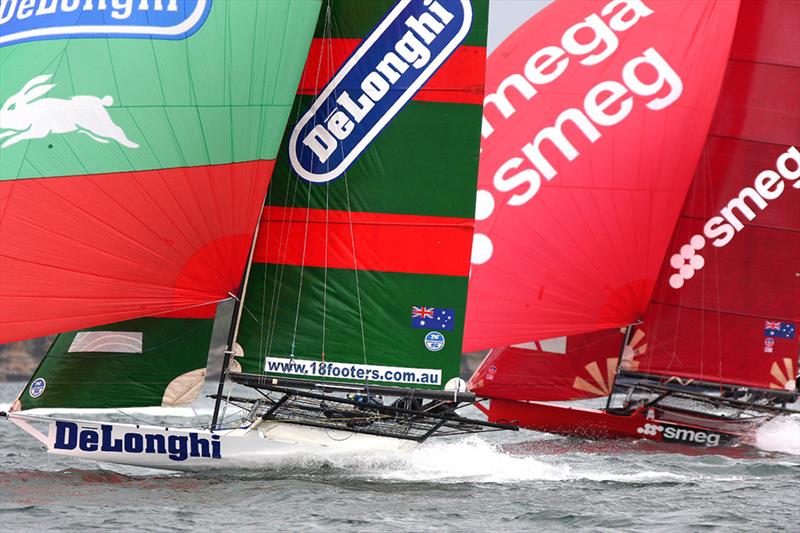Original De'Longhi-Rabbitohs makes a colouful sight racing alongside long-time 18s sponsor Smeg photo copyright Frank Quealey taken at Australian 18 Footers League and featuring the 18ft Skiff class