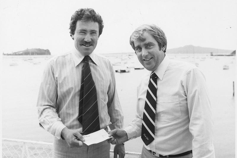 Ted (Chalky) Bland, Commodore of Auckland SC accepts a sponsorship cheque for the 1980 Stubbies 18ft Skiff Championships - photo © Central Leader