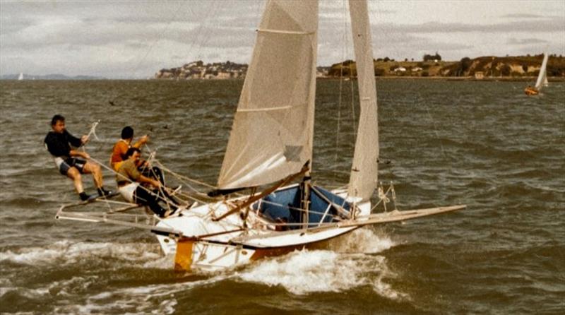 Chalkie Bland on the helm of the 18fter Stubbies in the days when you sailed with the biggest rack you could handle - photo © ASC