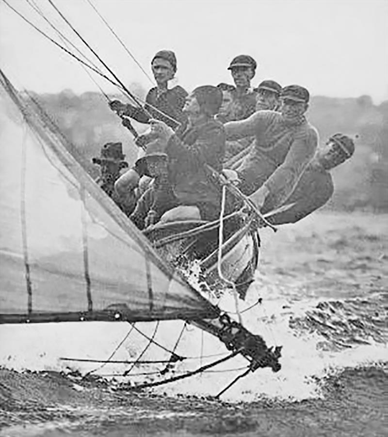 Chook Fraser, for'ard hand on Arawatta, looking up towards the top of the mast photo copyright Archive taken at Australian 18 Footers League and featuring the 18ft Skiff class